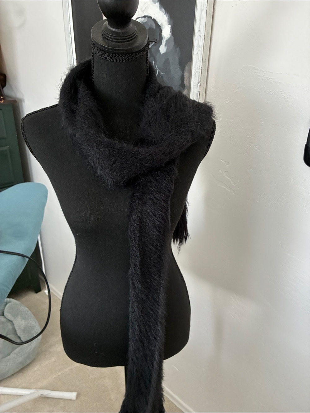 Black Faux Fur Long Scarf - Women's Accessory